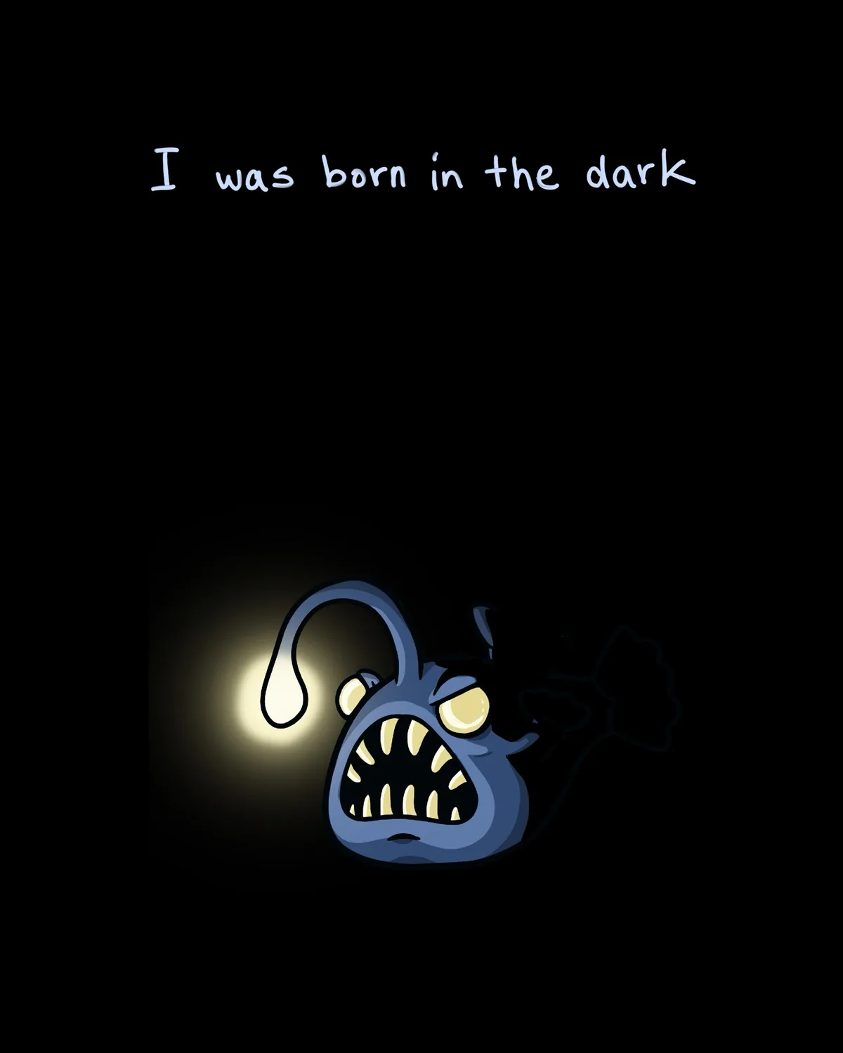 A cartoonish, menacing deep-sea anglerfish with glowing yellow eyes and sharp teeth is shown against a black background…