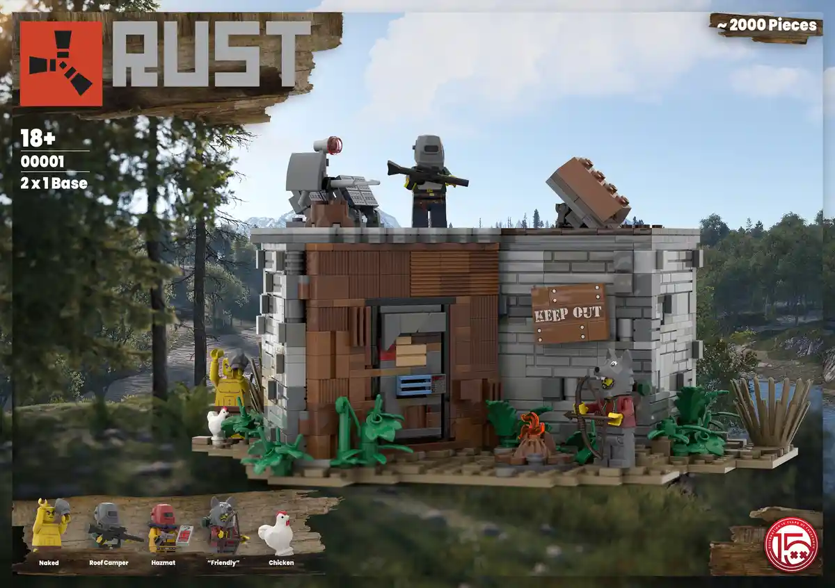 A mock LEGO set advertisement for the game 'Rust', featuring LEGO minifigures as characters from the game, including a…