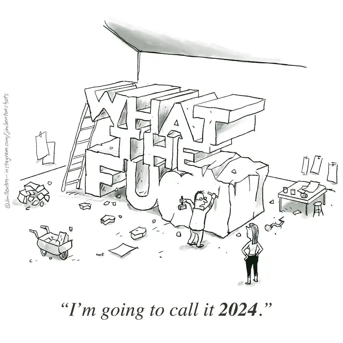 A black-and-white cartoon depicts a man chiseling away at a large stone block shaped like the word '2023', with debris…