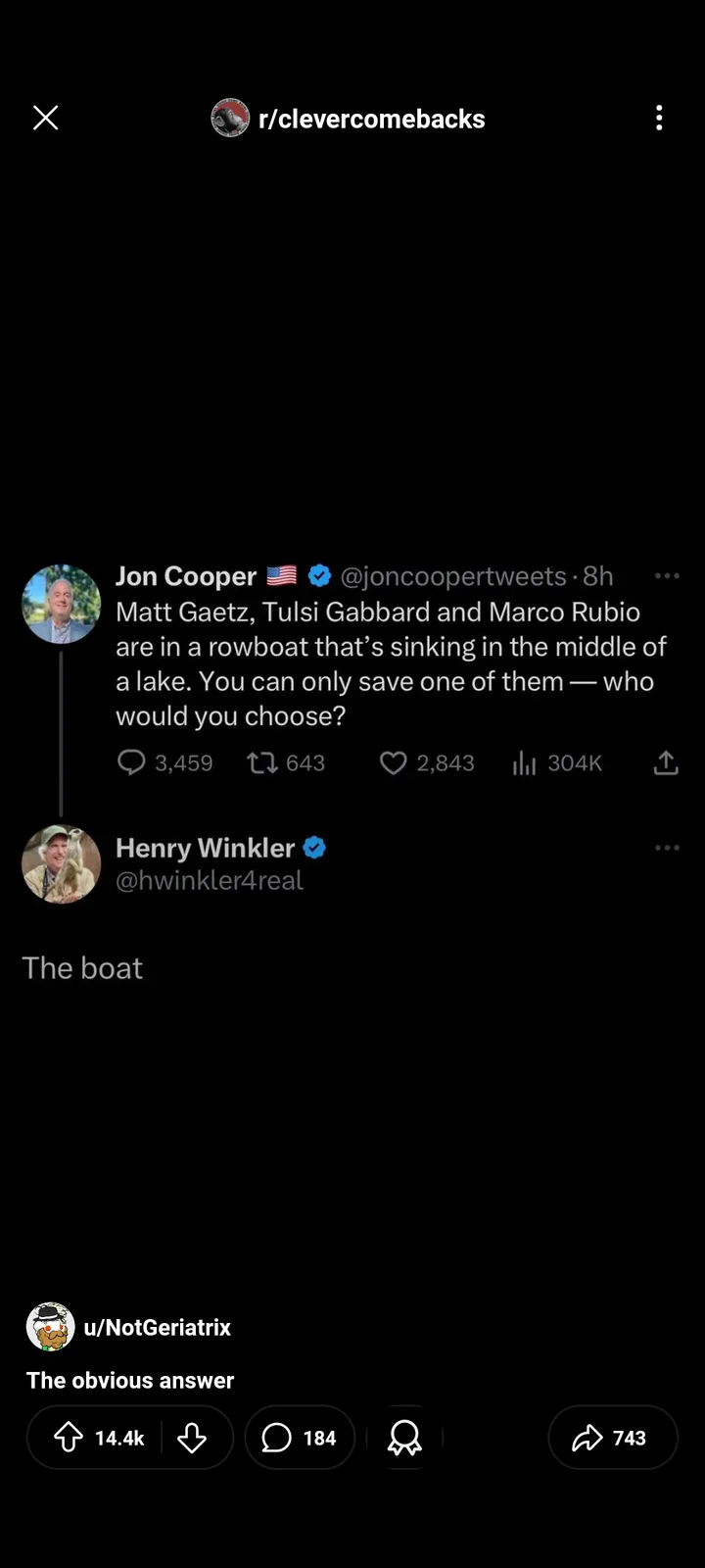 A screenshot of a Reddit post from r/clevercomebacks showing a tweet by Jon Cooper asking which of three politicians (Matt…