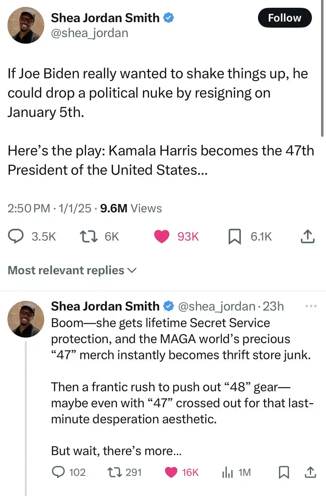 The image displays a screenshot of a Twitter post by Shea Jordan Smith, who proposes a satirical scenario where Joe Biden…