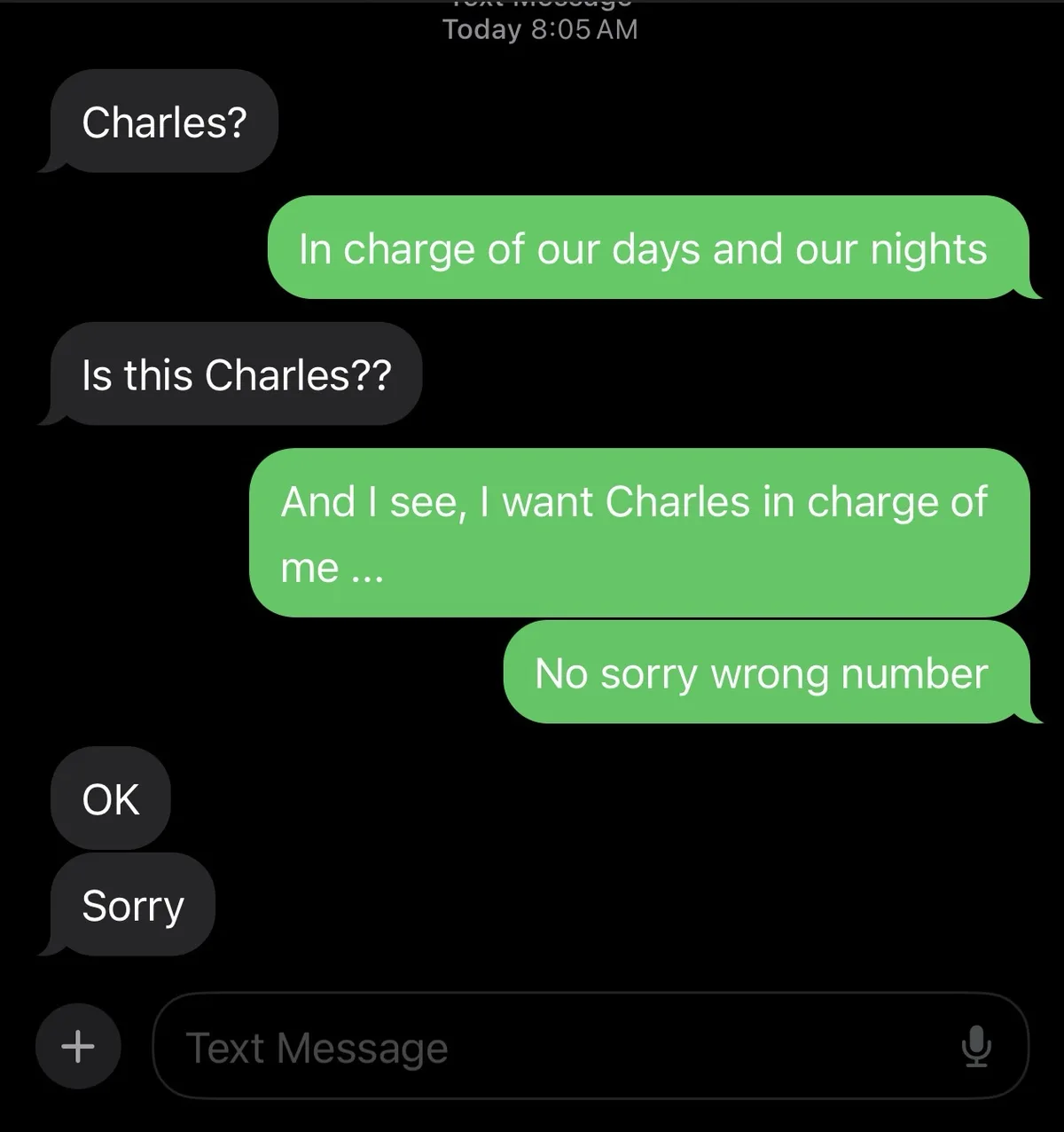 A screenshot of a text message conversation where one person asks if they've reached 'Charles,' who responds with poetic…