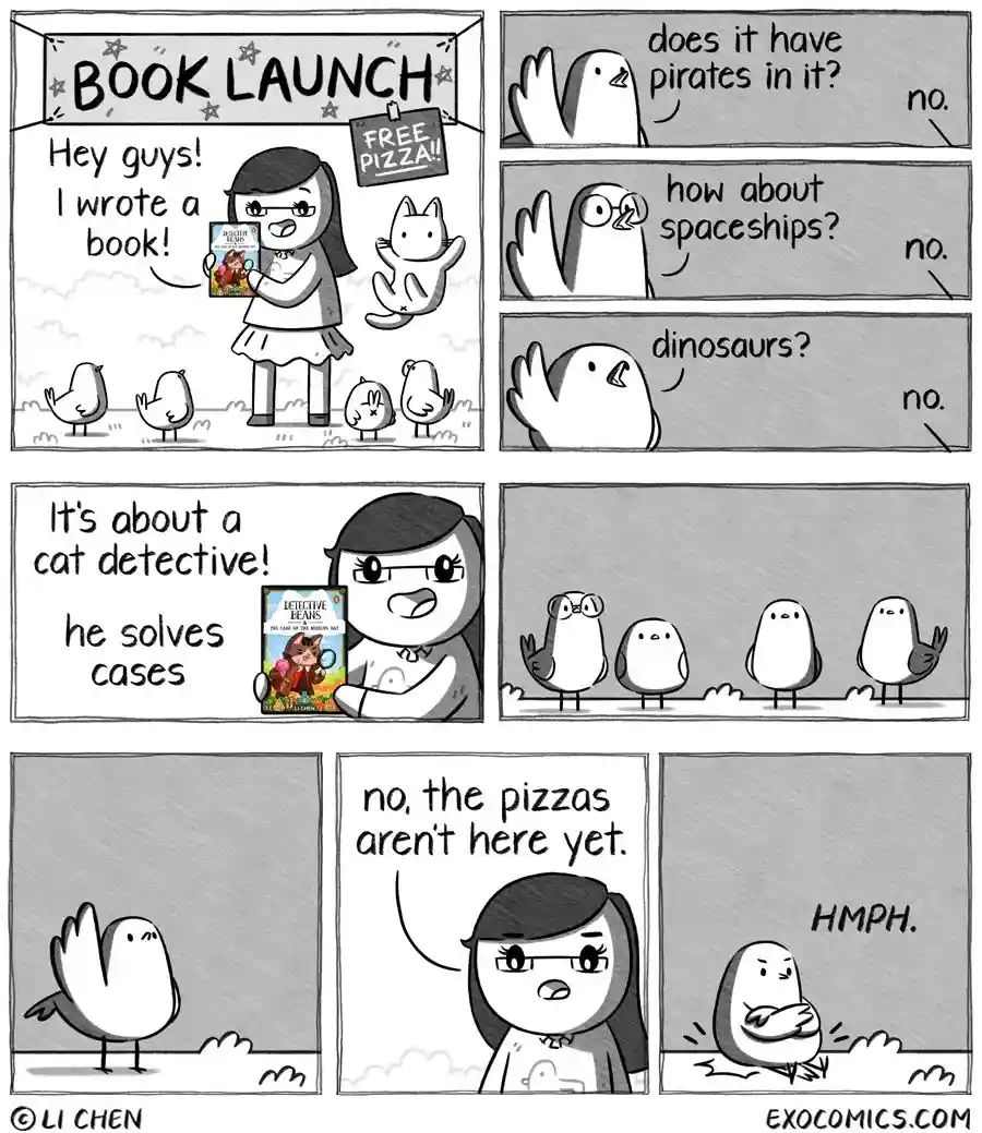 A six-panel comic strip shows a girl announcing her book launch with free pizza, while birds ask if it has pirates…