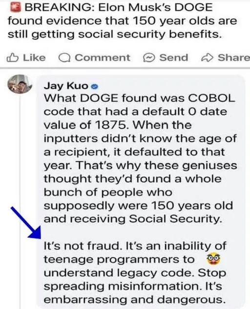 A screenshot of a Facebook post with a breaking news headline about 'Elon Musk's DOGE' finding 150-year-old Social Security…