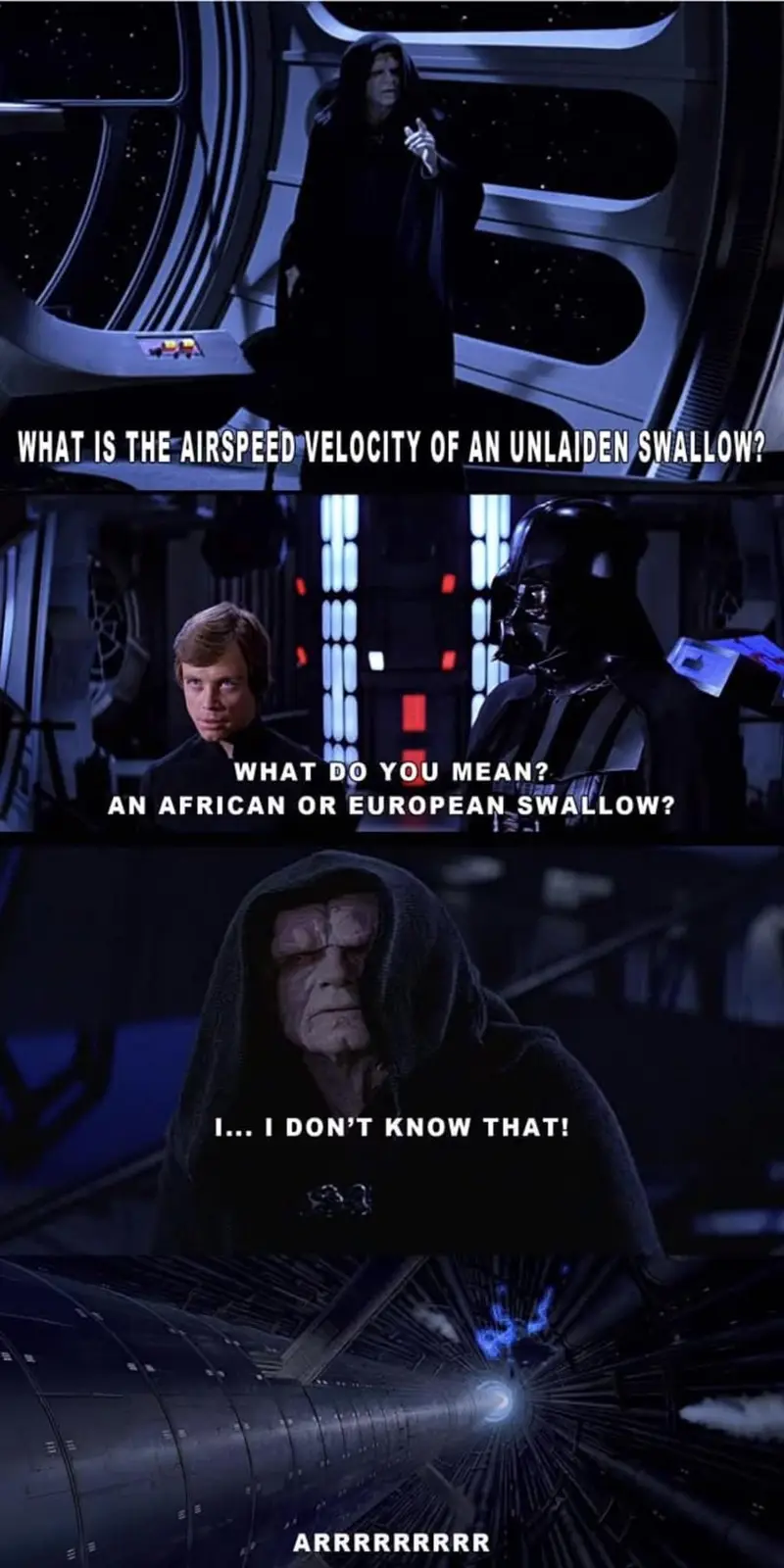 This meme uses three panels from Star Wars: Episode V - The Empire Strikes Back. The first shows Emperor Palpatine asking…