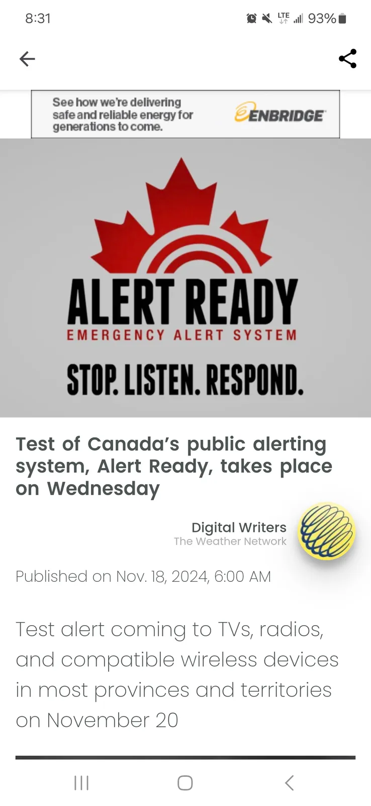 A screenshot of a news article from The Weather Network about a test of Canada's Alert Ready emergency alert system…