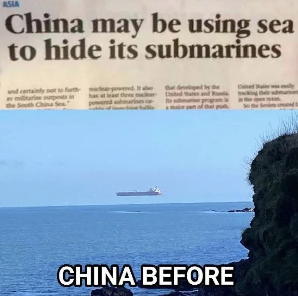 A newspaper clipping with the headline 'China may be using sea to hide its submarines' is overlaid on a photo of a large…