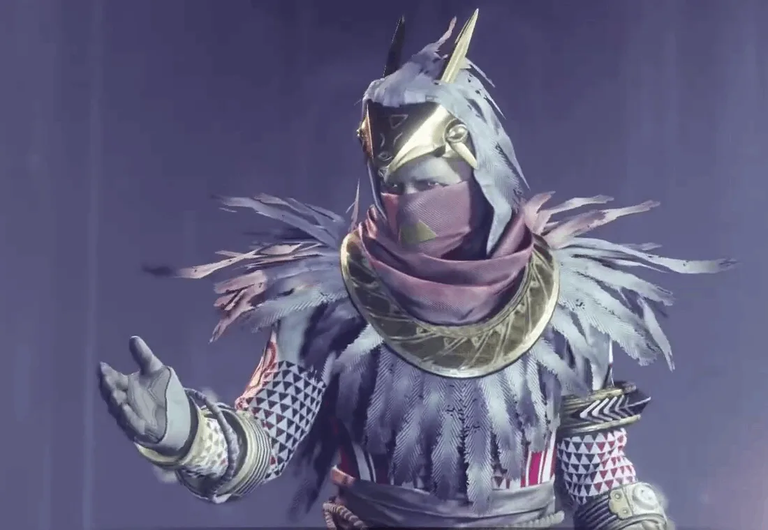 A character in ornate, feathered armor with a mask and gold accents performs a magical gesture, summoning glowing particles…