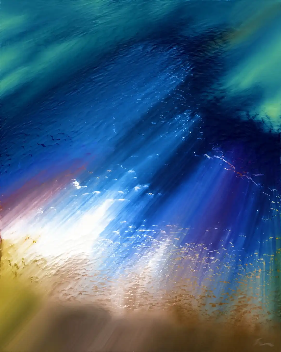 An abstract painting of radiant light beams bursting from a bright white source at the bottom left, casting rays through a…