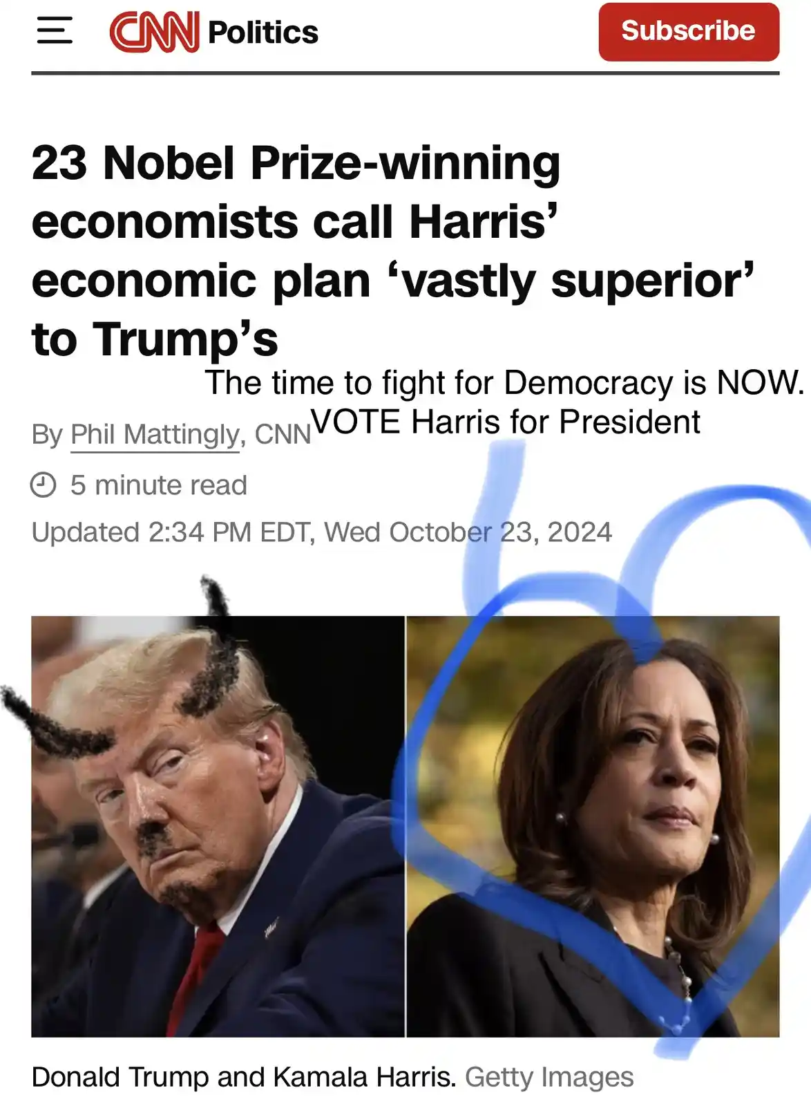 A screenshot of a CNN Politics article headline about 23 Nobel Prize-winning economists endorsing Harris's economic plan is…
