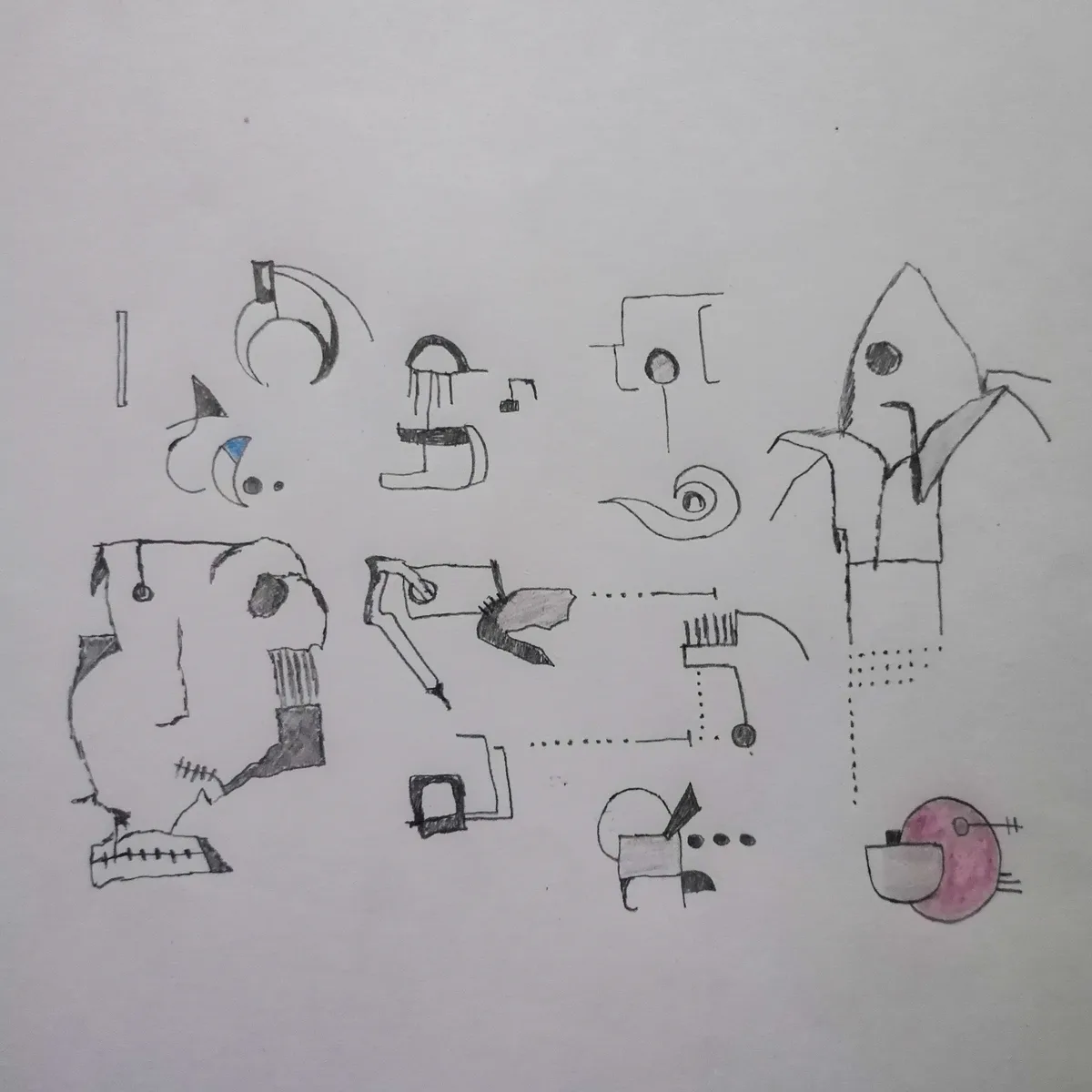 A hand-drawn, abstract sketch on white paper features numerous disjointed, crudely drawn shapes and figures, including a…