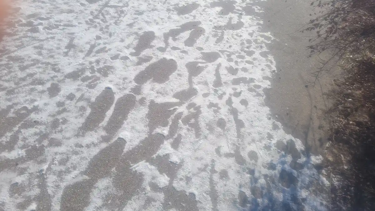 A close-up photo shows a patch of ground partially covered in snow, with distinct human footprints visible through the thin…