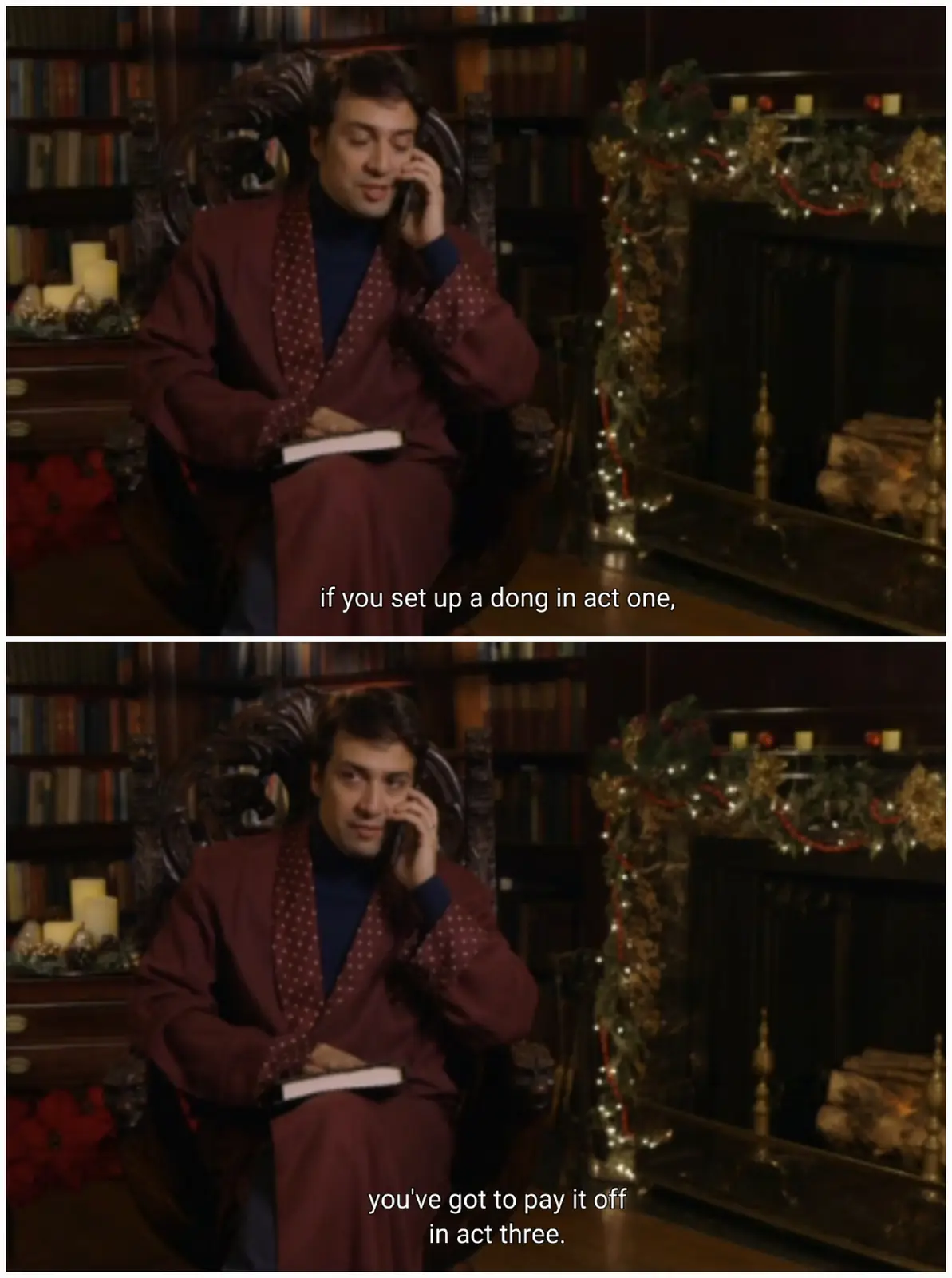 A man in a maroon robe sits in an ornate chair in a book-lined room with a decorated fireplace, holding a phone to his ear…