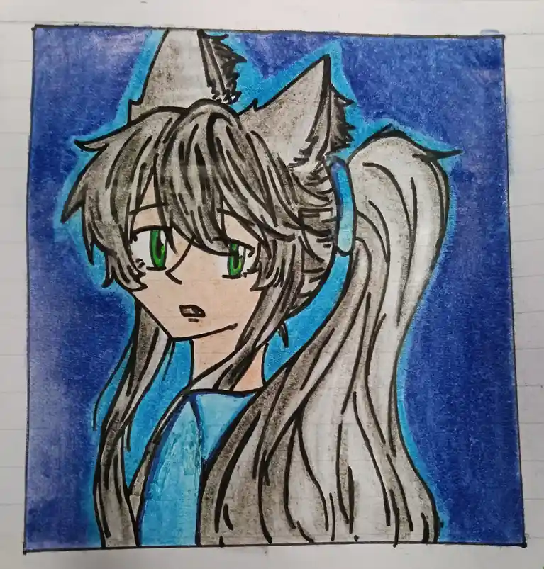 A hand-drawn anime-style illustration on lined paper shows a character with long grey hair, green eyes, and wolf-like ears…