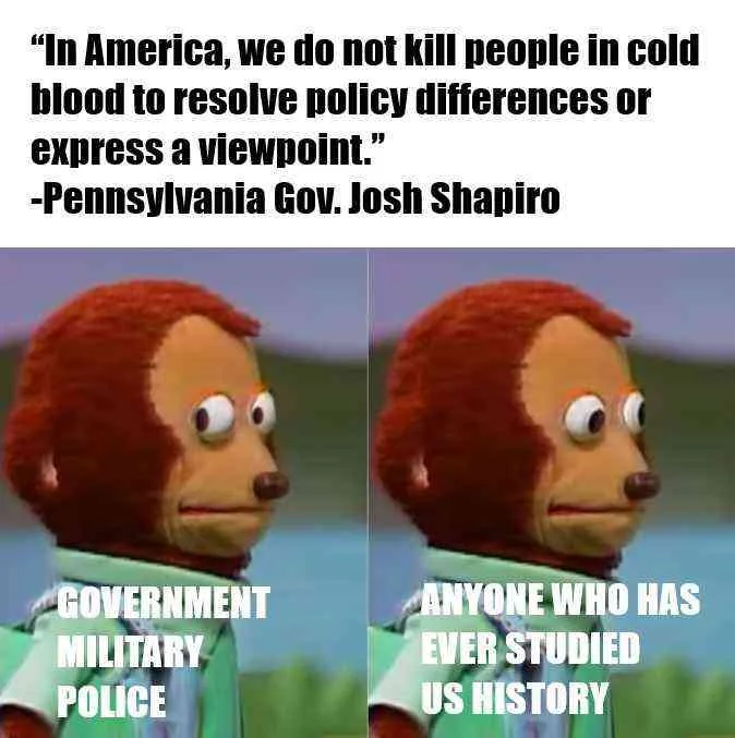 The image shows two panels of a puppet monkey with a blank, slightly smug expression. The top text is a quote attributed to…