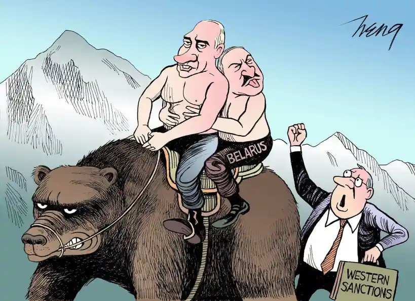 A cartoon depicts two caricatured men, one labeled 'BELARUS', riding a large angry bear. A man in a suit holding a sign that…