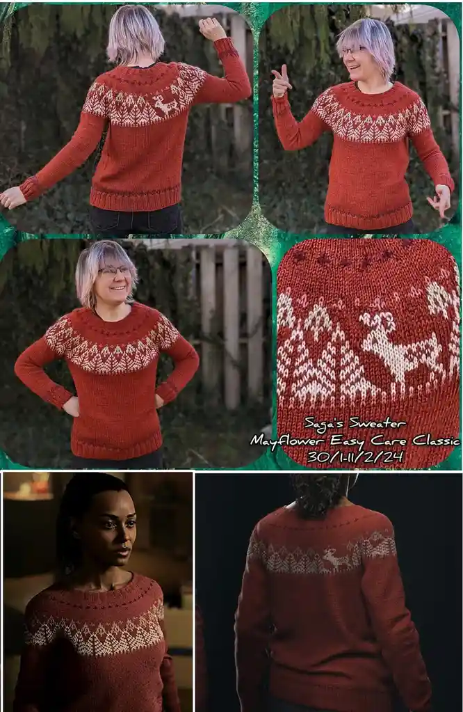A collage of five images shows a woman proudly modeling a red hand-knitted sweater with white Nordic patterns, including…