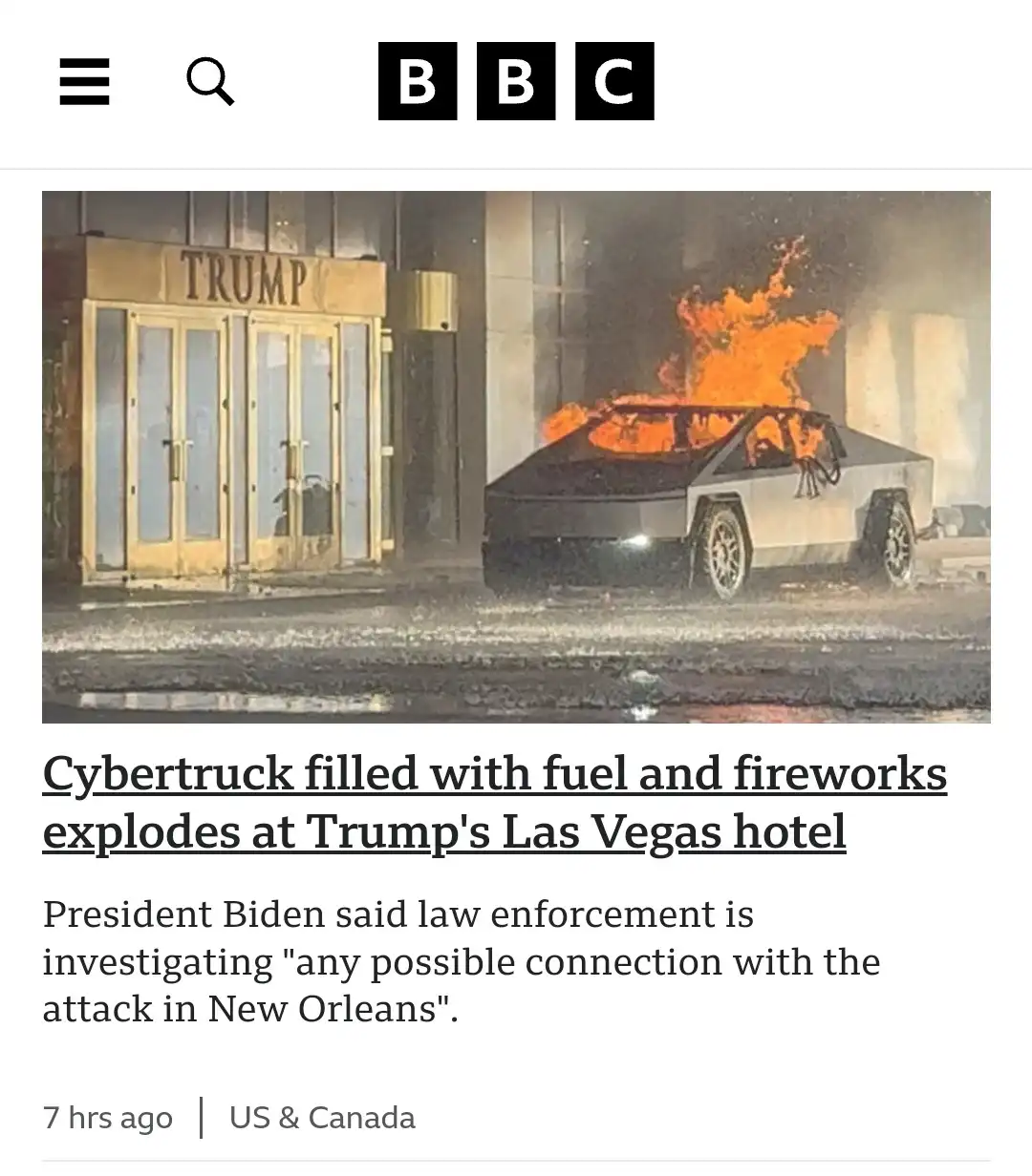 A screenshot of a BBC news article shows a burning Tesla Cybertruck parked outside a building with a 'TRUMP' sign above its…