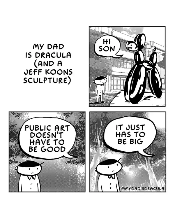 A four-panel comic strip where a boy meets a large, balloon-like sculpture of a vampire, which he identifies as his dad. The…