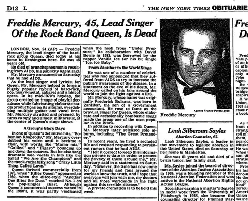 A black-and-white newspaper clipping from The New York Times Obituaries section shows an obituary for Freddie Mercury…