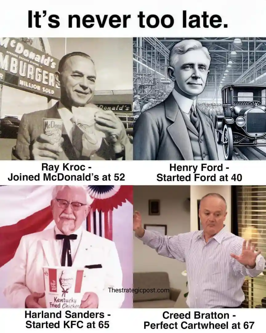 A four-panel meme with the headline 'It's never too late.' Each panel shows a historical figure or celebrity with text…