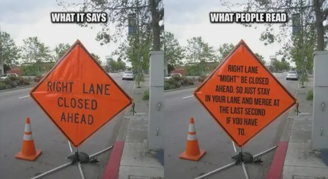 The image displays two side-by-side photos of an orange diamond-shaped road sign with black text, both showing the same…