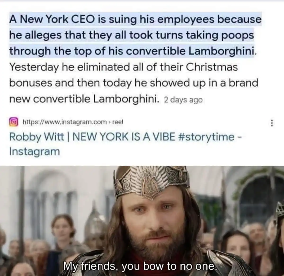 The image displays a screenshot of an Instagram reel post by Robby Witt, which claims a New York CEO is suing employees for…