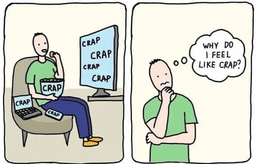 A two-panel comic shows a man in a green shirt sitting in a chair surrounded by items labeled 'CRAP' — a laptop, a bowl of…