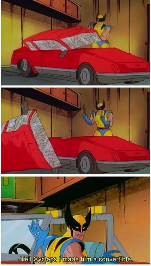 Three-panel comic strip from the 1990s X-Men animated series showing Wolverine in a garage. In the first panel, he's…