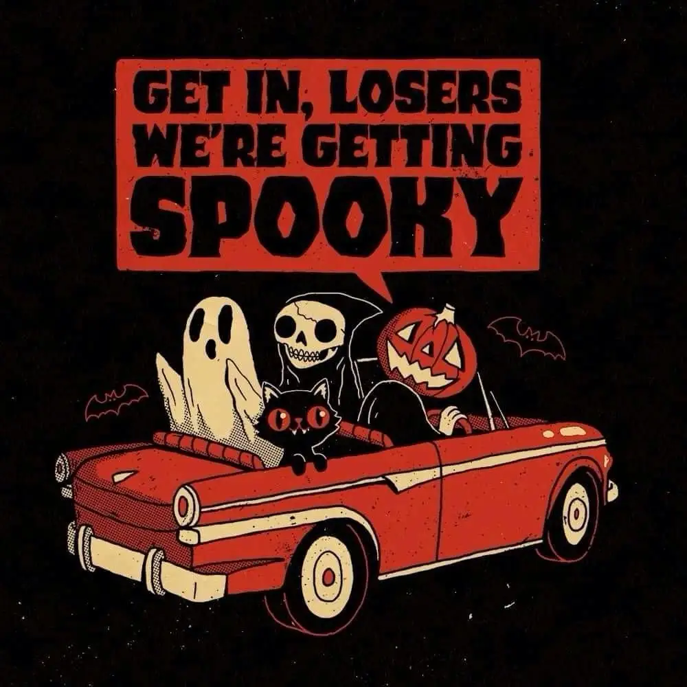 A vintage red convertible car with a white stripe is shown against a black background, filled with classic Halloween…