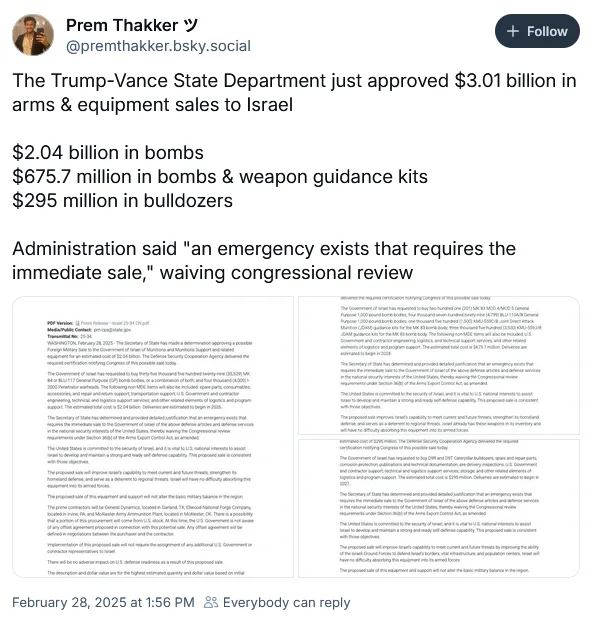 A screenshot of a social media post by Prem Thakker showing a government document titled 'Foreign Military Sales to Israel'…