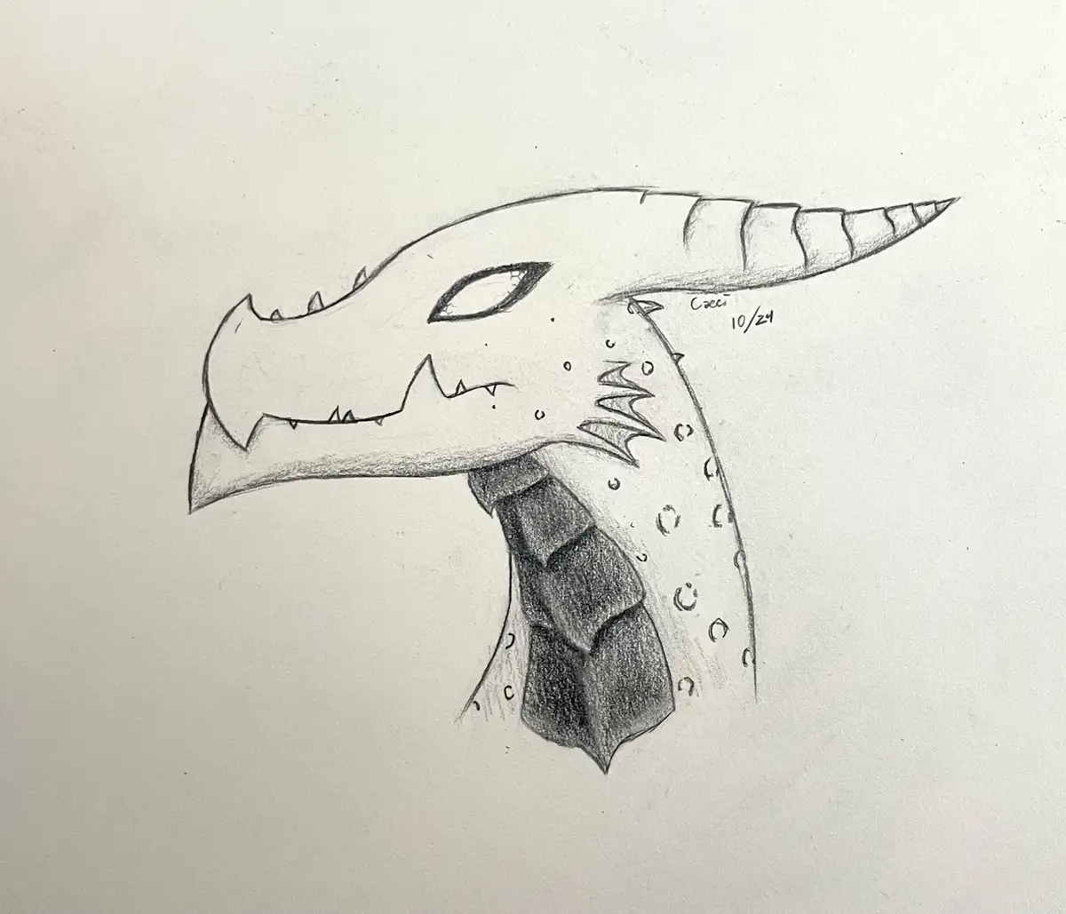 A pencil sketch of a dragon's head with a long, ridged horn, sharp teeth, and a spiked neck, signed 'Caei 10/24'. The image…