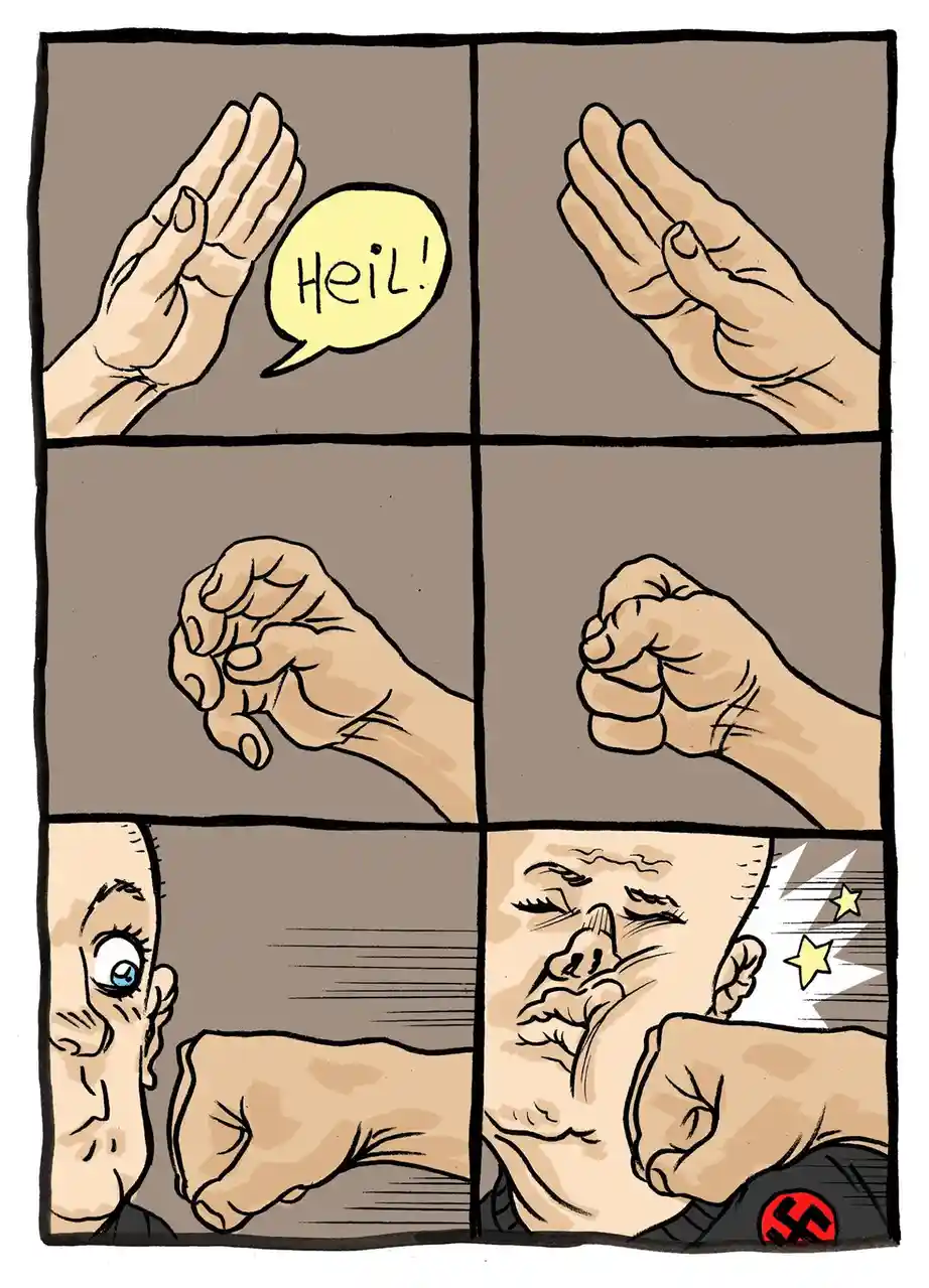 A four-panel comic strip shows a hand performing a Nazi salute, then clenching into a fist, then a man's face looking…