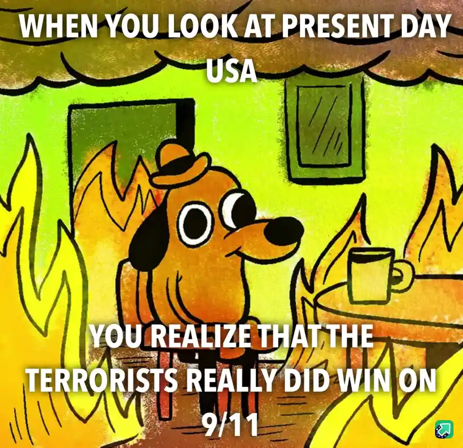 A cartoon dog wearing a hat sits calmly in a room engulfed in flames, sipping from a mug. The text overlaid reads 'WHEN YOU…