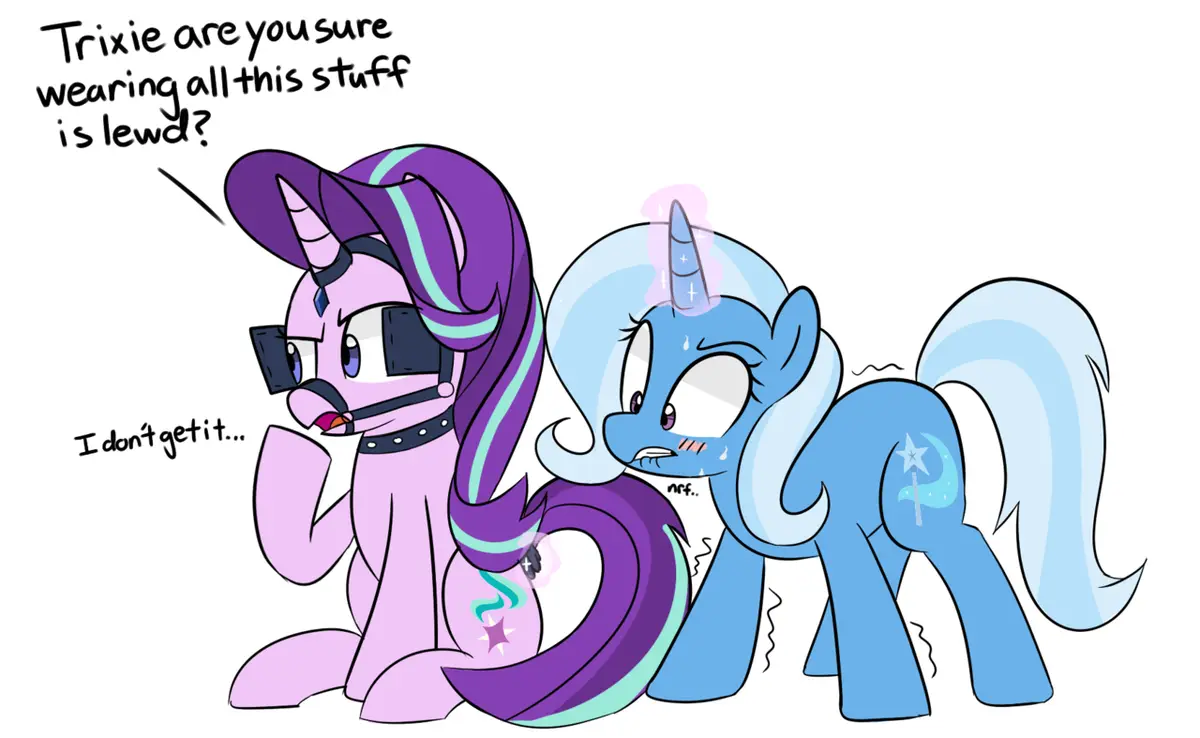 Two cartoon ponies are depicted: a purple pony with a large hat and goggles, and a blue pony with a star and moon cutie…