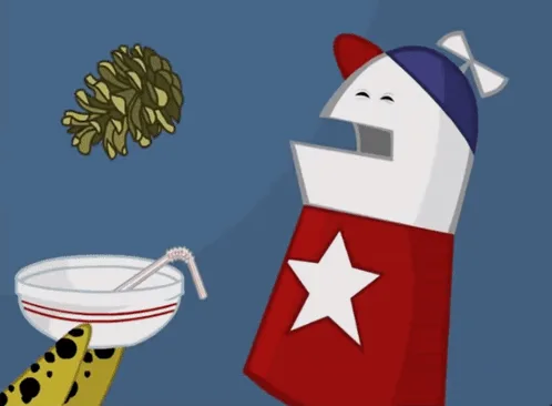 A cartoon character wearing a red, white, and blue outfit with a star and a bow on its head is shown with a wide-open mouth…