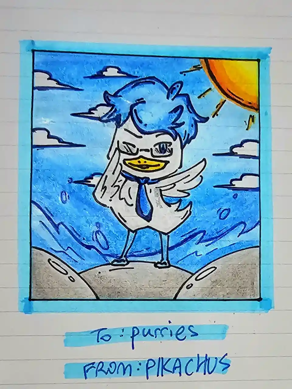 A hand-drawn cartoon duck with blue spiky hair, glasses, and a blue tie stands on a rocky surface under a bright sun and…