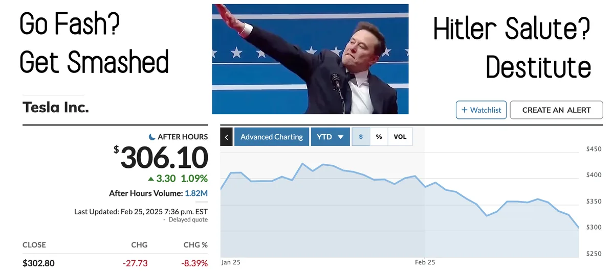 A stock market screenshot for Tesla Inc. shows a price of $306.10 after hours with a negative daily change of -8.39%. A…
