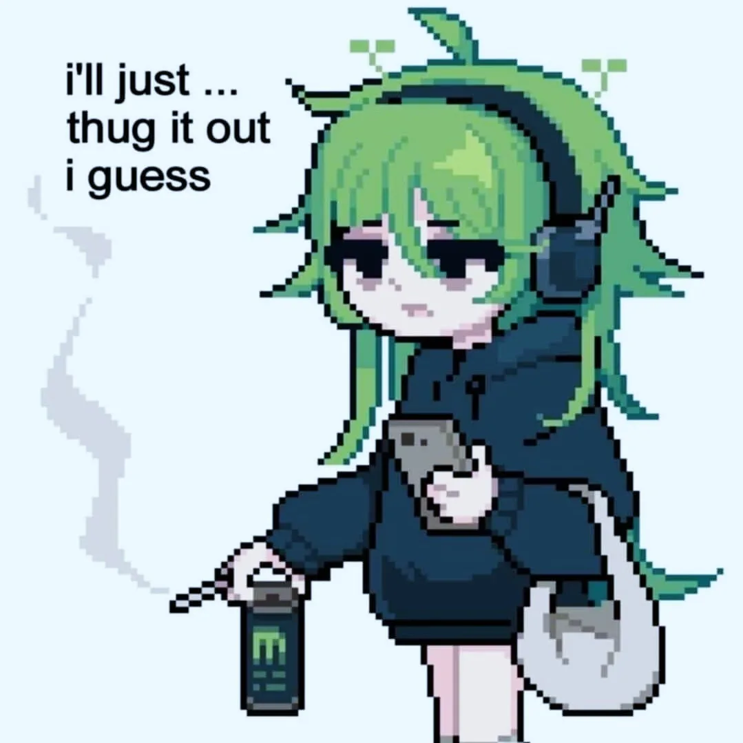 A pixel-art anime girl with green hair and headphones looks resigned while holding a vape pen that emits smoke, a phone, and…