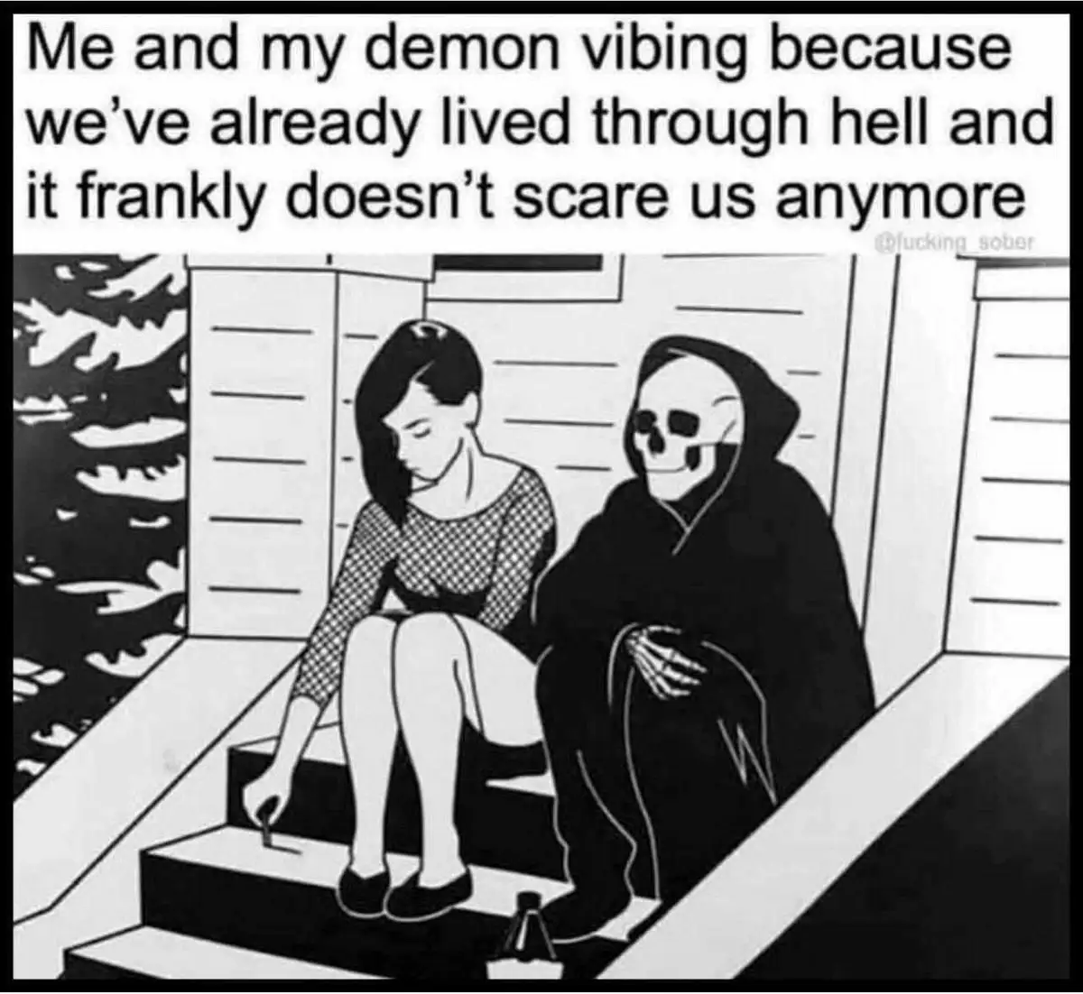 A black-and-white cartoon depicts a woman in a checkered dress sitting calmly on steps next to a skeletal figure in a hooded…