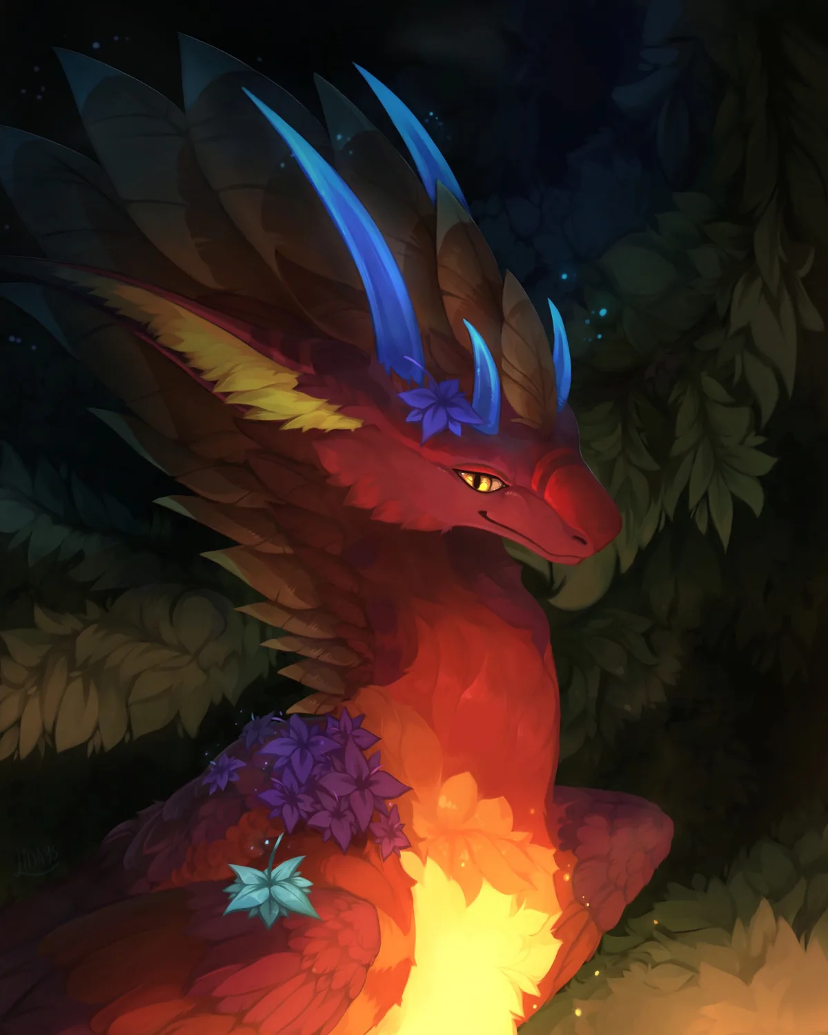 A beautifully illustrated red dragon with glowing yellow eyes and blue-tipped horns sits in a dark, leafy forest. Its body…