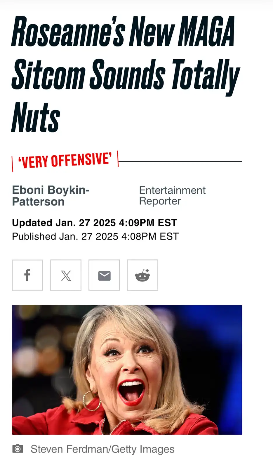 The image displays a mock news article header with the headline 'Roseanne's New MAGA Sitcom Sounds Totally Nuts' and a red…