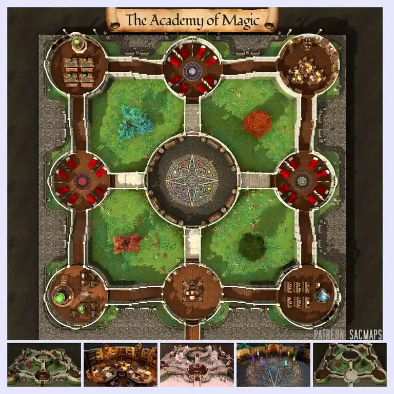 An overhead fantasy map titled 'The Academy of Magic' shows a central courtyard with a large magical sigil, surrounded by…
