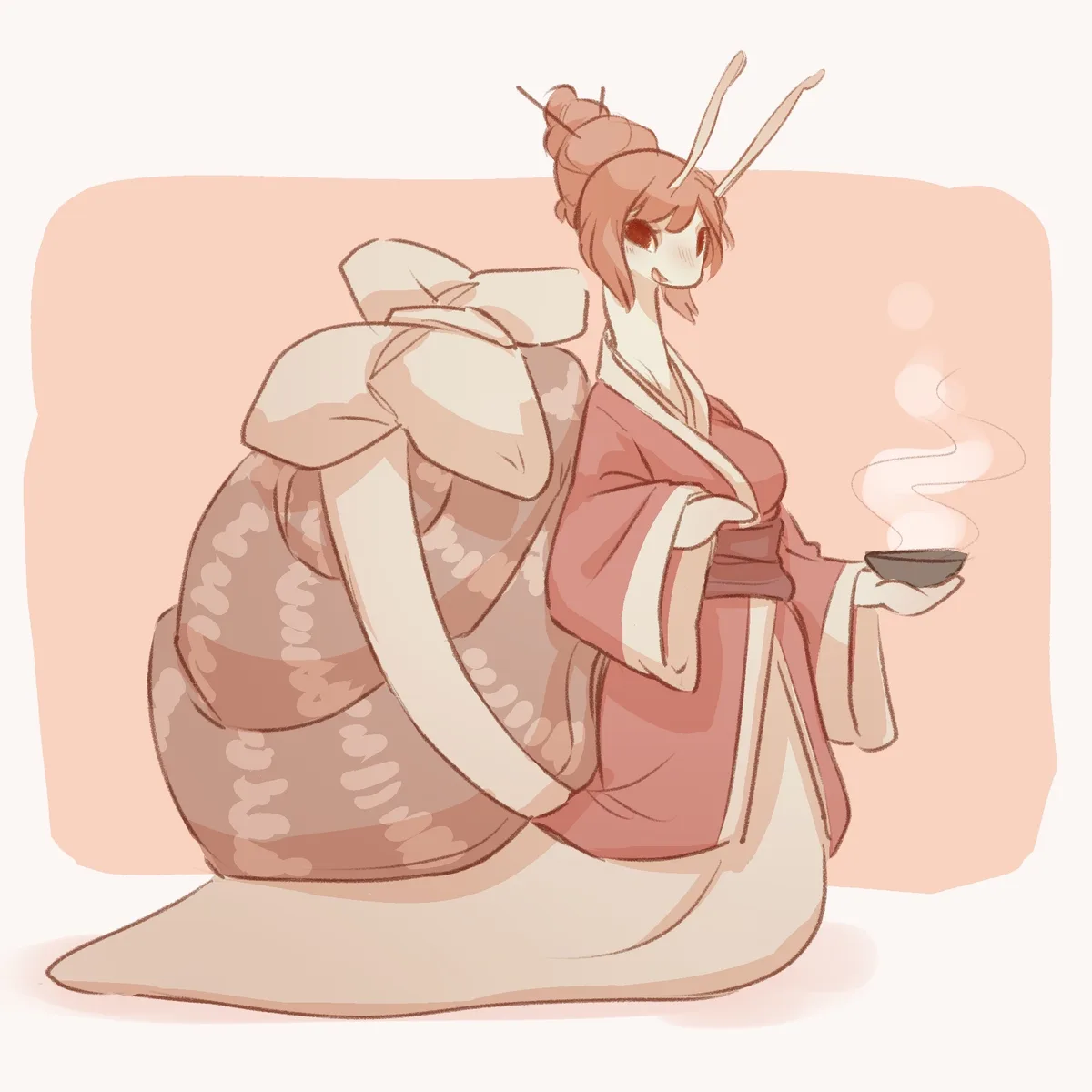 An anime-style illustration shows a humanoid snail wearing a traditional Japanese kimono with a large white obi bow, holding…