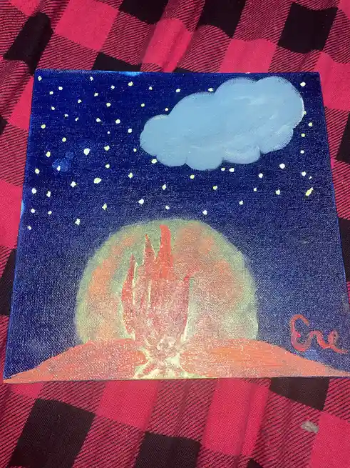 A hand-painted canvas depicts a stylized night scene with a dark blue sky filled with white stars and a single light blue…