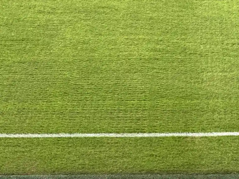 A close-up of a green artificial turf sports field with a single white boundary line running horizontally across the frame…