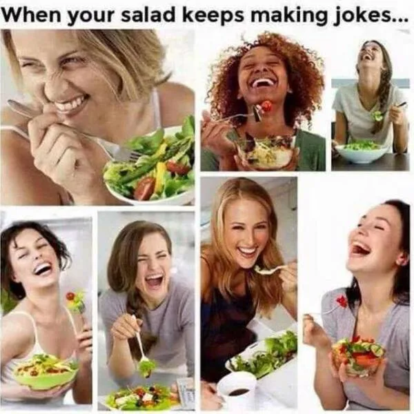 A collage of seven images shows different women laughing hysterically while eating salads, with a cherry tomato or other…