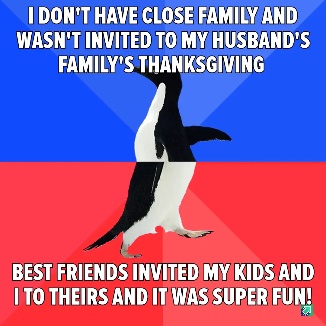 A penguin stands in the center of the image, split by a horizontal line, against a blue top half and red bottom half. The…