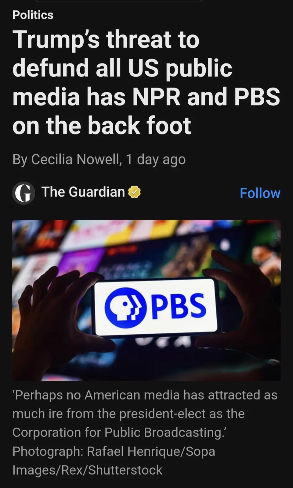 A screenshot of a The Guardian news article about Trump threatening to defund public media, featuring a photo of hands…