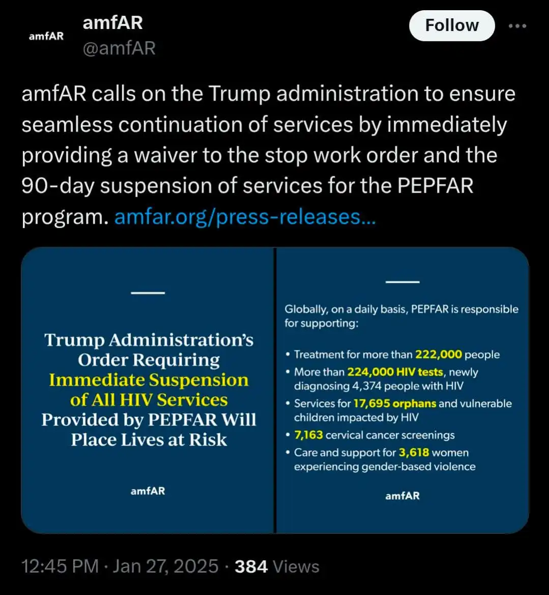A screenshot of an amfAR Twitter post from January 27, 2025, showing a two-panel graphic. The left panel warns that Trump's…